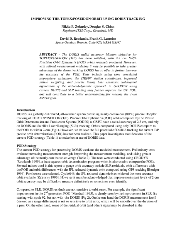 (PDF) Improving the TOPEX/Poseidon orbit using DORIS tracking