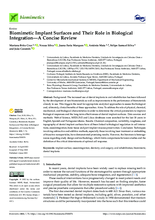 (PDF) Biomimetic Implant Surfaces and Their Role in Biological ...