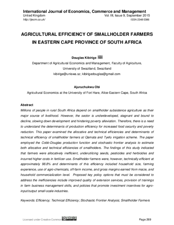 (PDF) Agricultural Efficiency of Smallholder Farmers in Eastern Cape ...