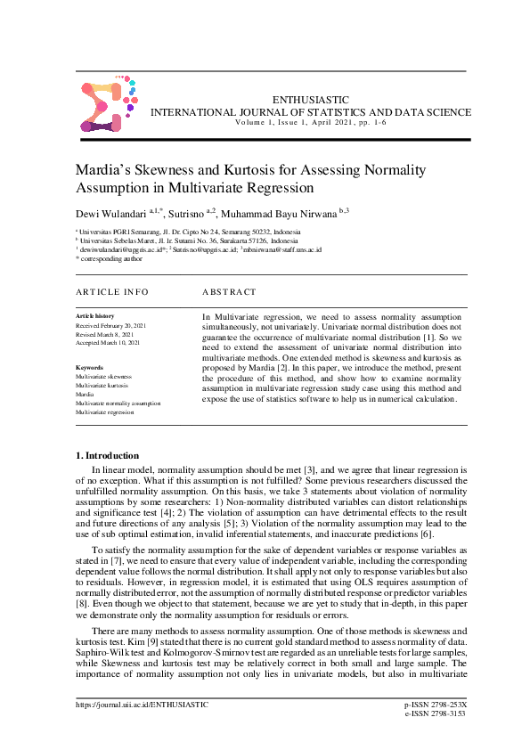 (PDF) Mardia’s Skewness and Kurtosis for Assessing Normality Assumption ...