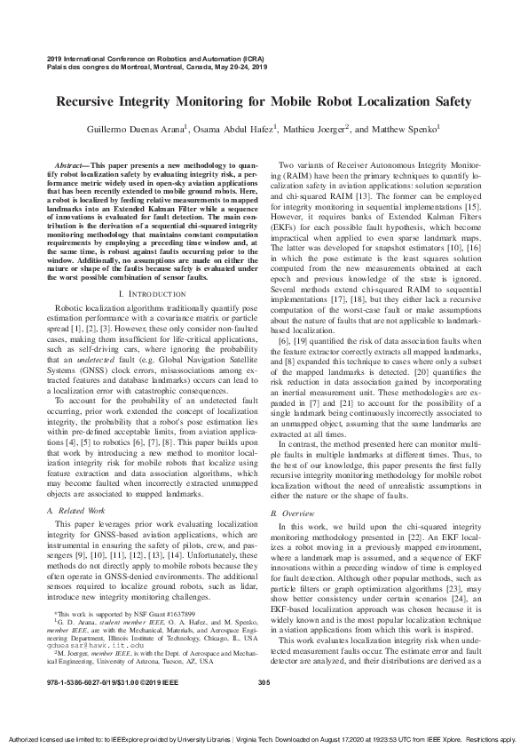 (PDF) Recursive Integrity Monitoring for Mobile Robot Localization Safety