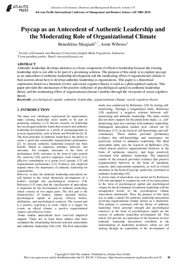 Psycap as an Antecedent of Authentic Leadership and the Moderating Role of Organizational Climate