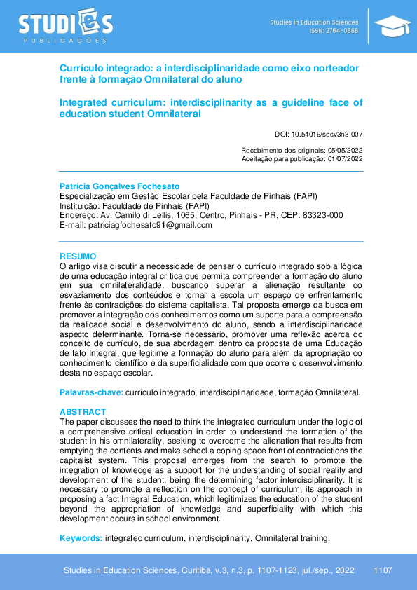 (PDF) Currículo integrado: a interdisciplinaridade como eixo norteador ...