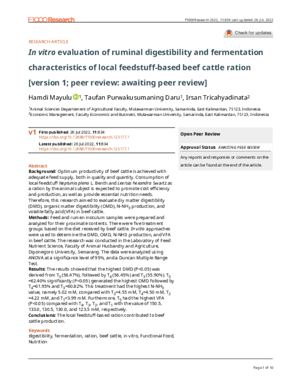 (PDF) In vitro evaluation of ruminal digestibility and fermentation ...