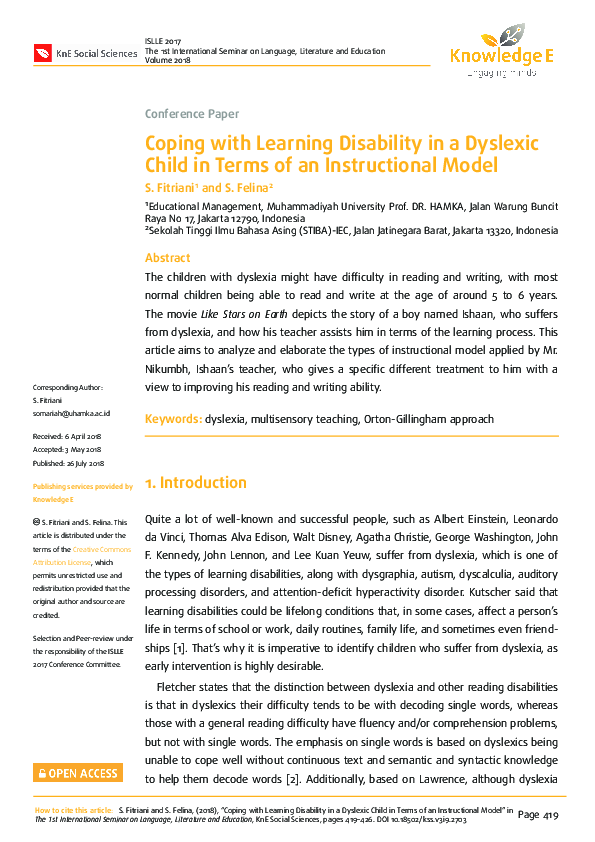 (PDF) Coping with Learning Disability in a Dyslexic Child in Terms of ...