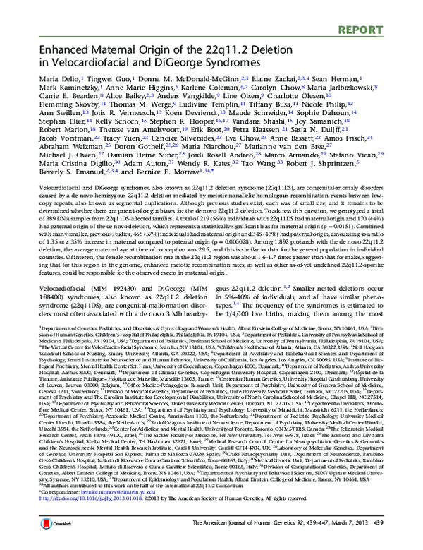 (PDF) Enhanced Maternal Origin of the 22q11.2 Deletion in ...