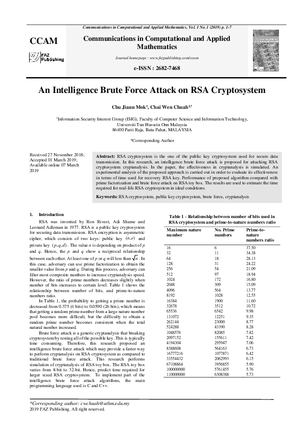 (PDF) An Intelligence Brute Force Attack on RSA Cryptosystem