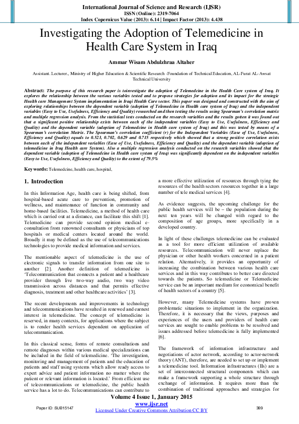 (PDF) Investigating the Adoption of Telemedicine in Health Care System ...