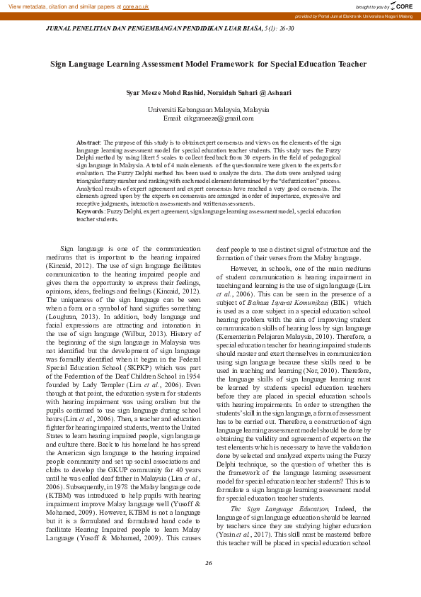 (PDF) Sign Language Learning Assessment Model Framework for Special ...
