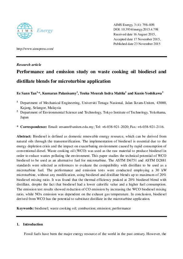 (PDF) Performance and emission study on waste cooking oil biodiesel and ...
