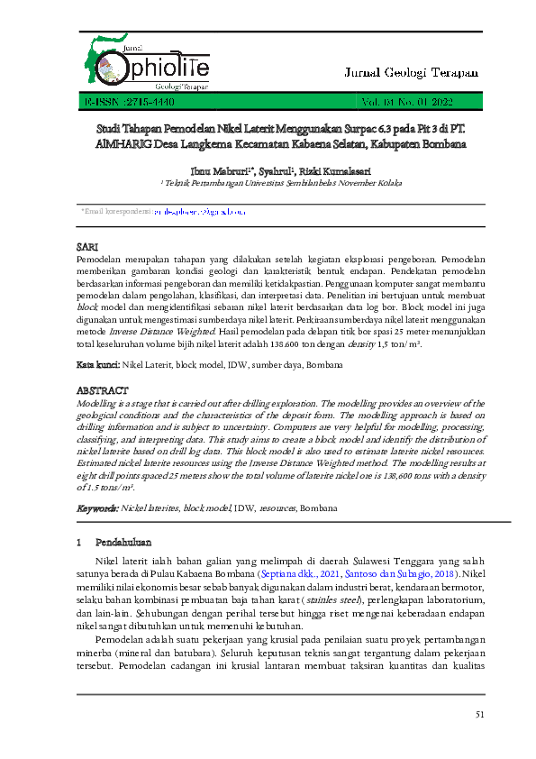 (PDF) Studi tahapan pemodelan nikel laterit menggunakan Surpac 6.3 pada ...