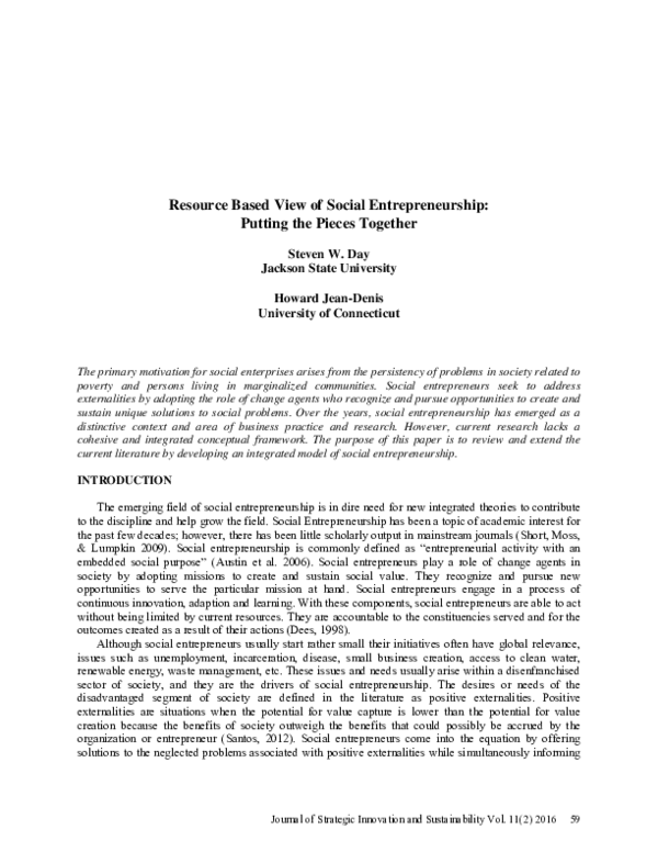 (PDF) Resource Based View of Social Entrepreneurship: Putting the ...
