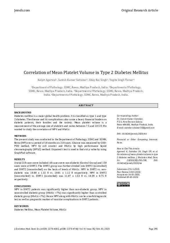 (PDF) Correlation of Mean Platelet Volume in Type 2 Diabetes Mellitus
