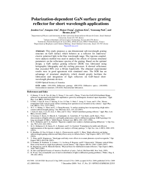 (PDF) Polarization-dependent GaN surface grating reflector for short ...
