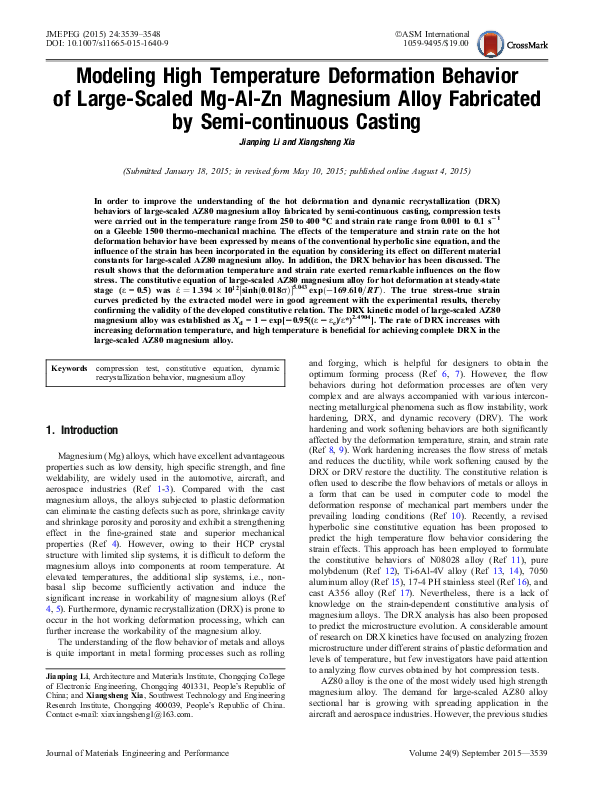 (PDF) Modeling the High Temperature Deformation Behaviour of a near ...