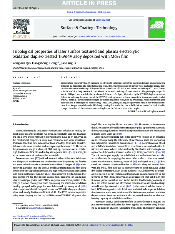 (PDF) Tribological properties of laser surface texturing and ...
