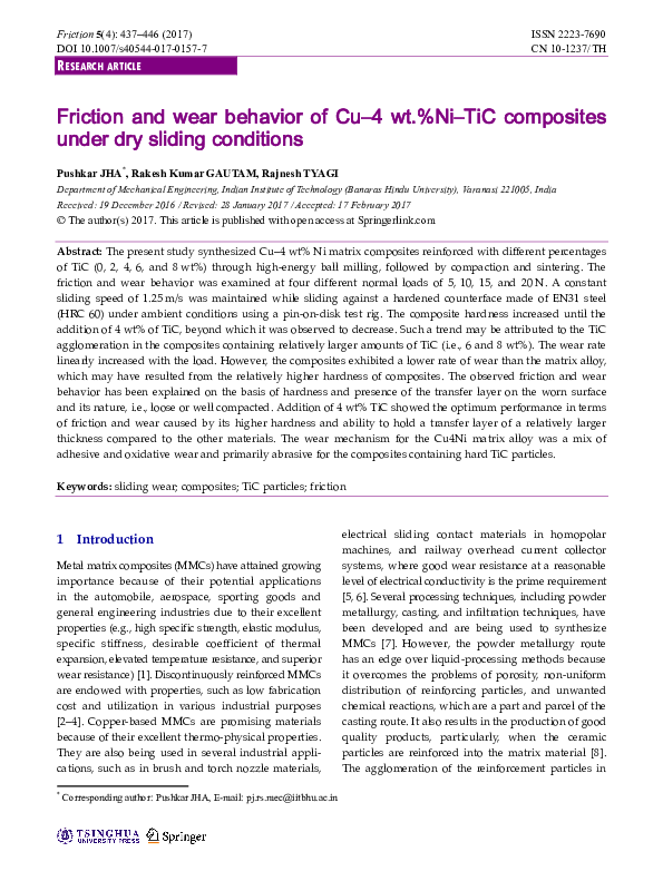 (PDF) Friction and wear behavior of Cu–4 wt.%Ni–TiC composites under ...