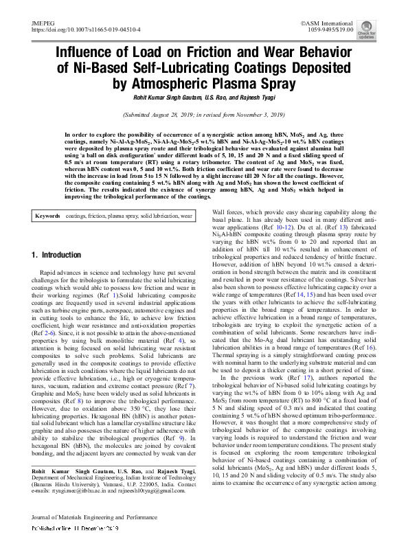(PDF) Influence of Load on Friction and Wear Behavior of Ni-Based Self ...