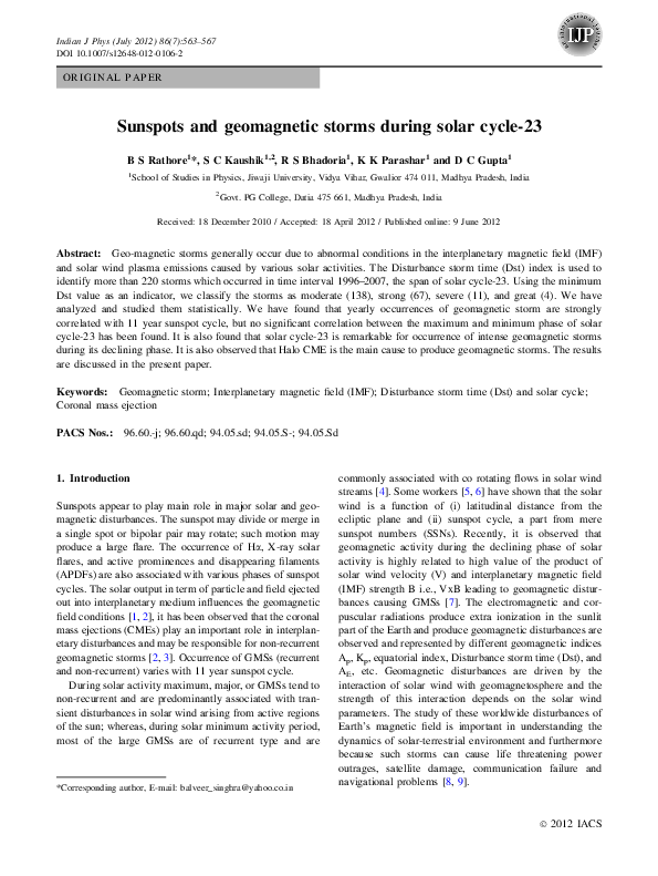 (PDF) Sunspots and geomagnetic storms during solar cycle-23