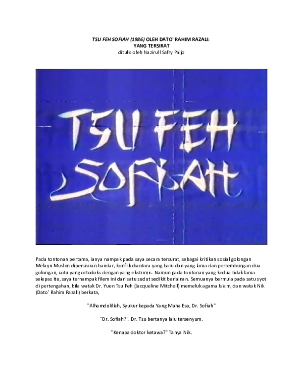 Retrospektif: Tsu Feh Sofiah (1986) arahan Dato' Rahim Razali