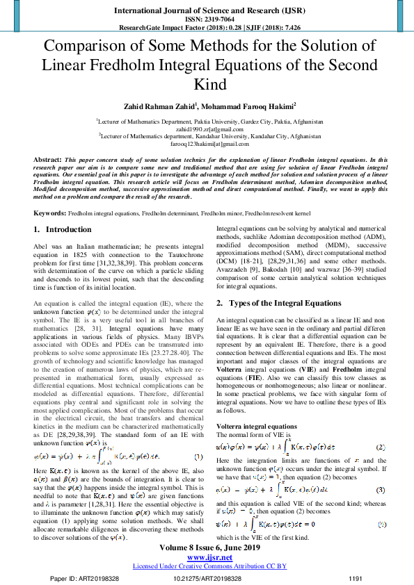 (PDF) Comparison of Some Methods for the Solution of Linear Fredholm ...