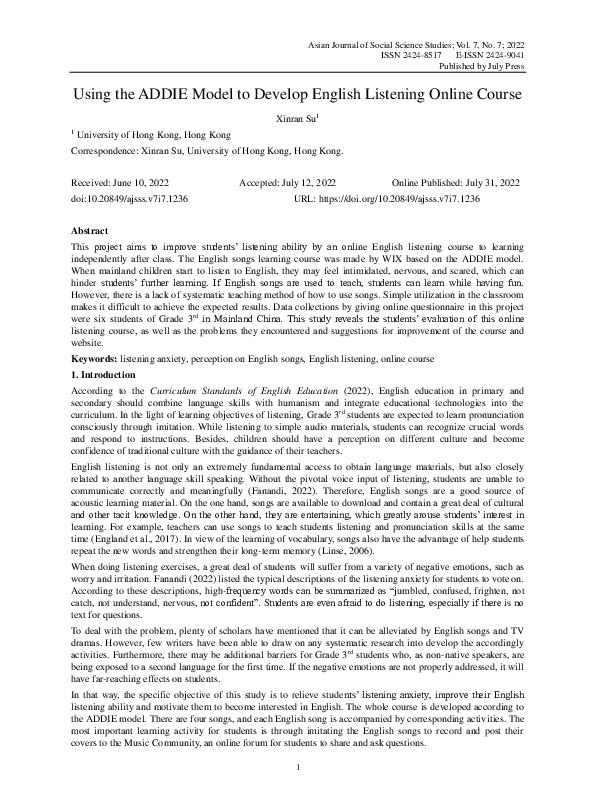 (PDF) Using the ADDIE Model to Develop English Listening Online Course