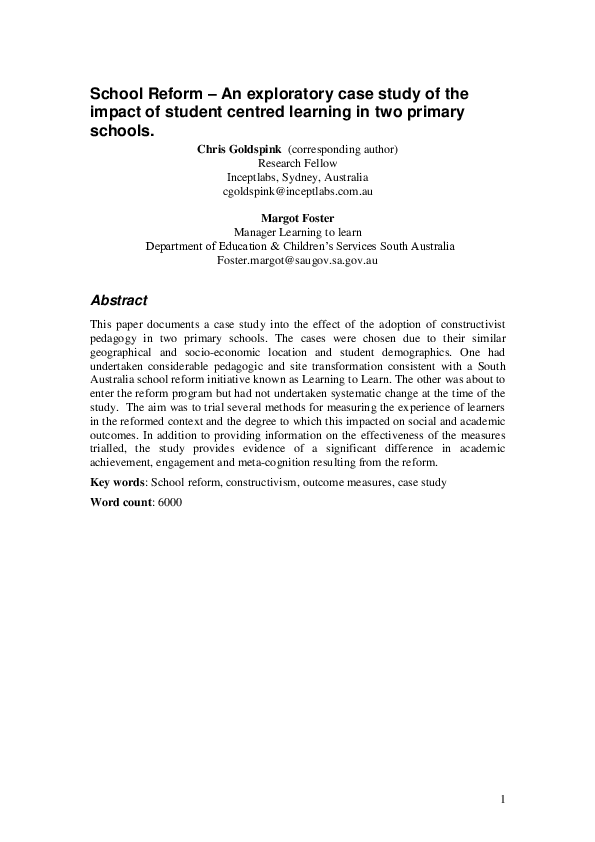 (PDF) School Reform - An exploratory case study of the impact of ...