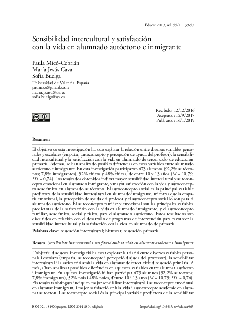 Sensibilidad intercultural y satisfacción con la vida en alumnado autóctono e inmigrante