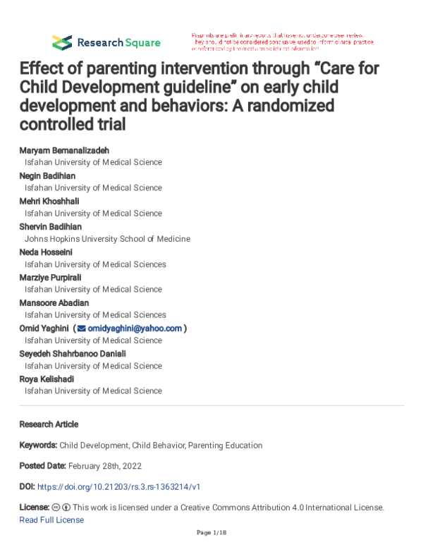 (PDF) Effect of parenting intervention through “Care for Child ...