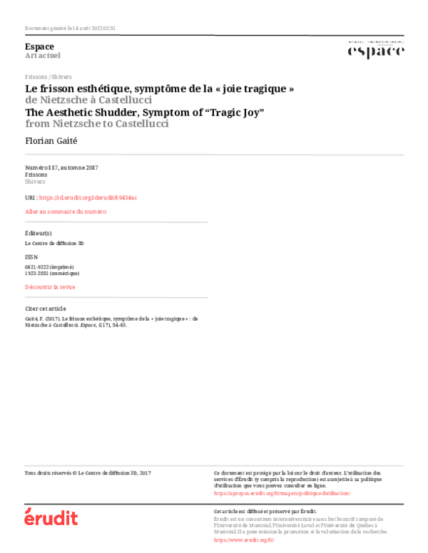 (PDF) Le frisson esthétique, symptôme de la « joie tragique » : de ...