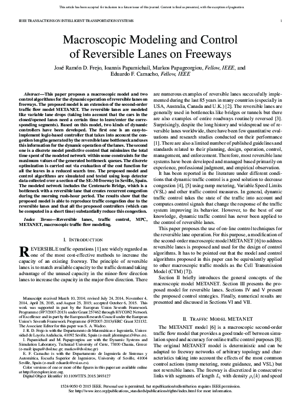(PDF) Macroscopic Modeling and Control of Reversible Lanes on Freeways