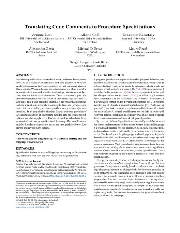 (PDF) Translating code comments to procedure specifications