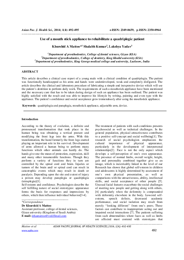 (PDF) Use of a mouth stick appliance to rehabilitate a quadriplegic