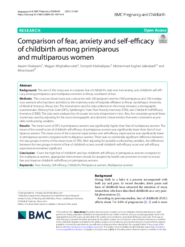 (PDF) Comparison of fear, anxiety and self-efficacy of childbirth among ...