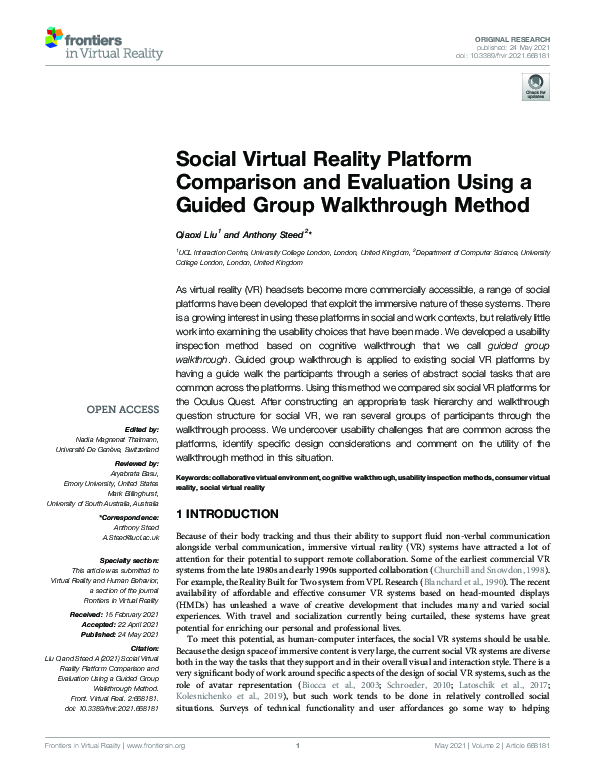 (PDF) Social Virtual Reality Platform Comparison and Evaluation Using a ...