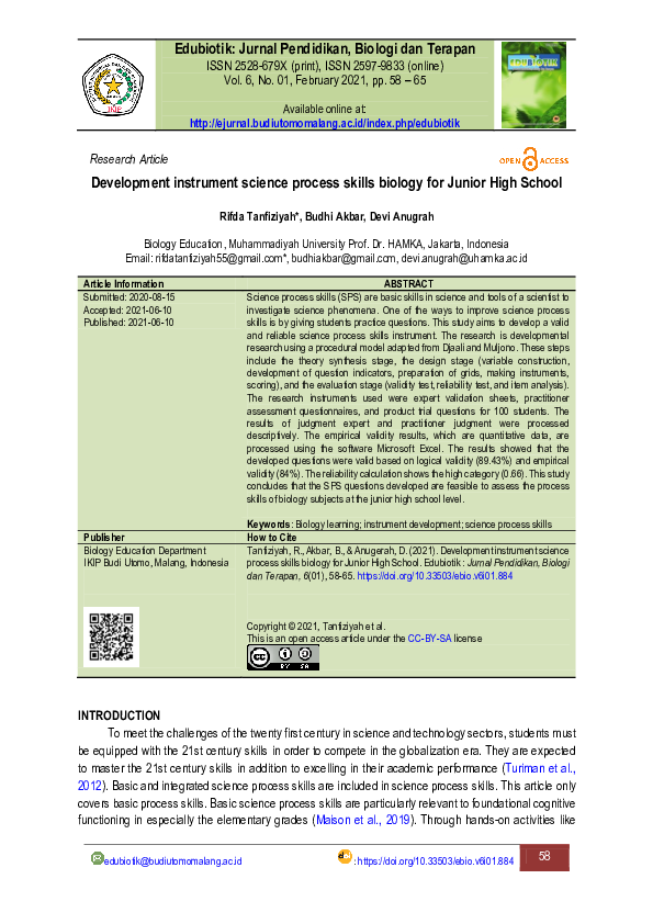 (PDF) Development instrument science process skills biology for Junior ...
