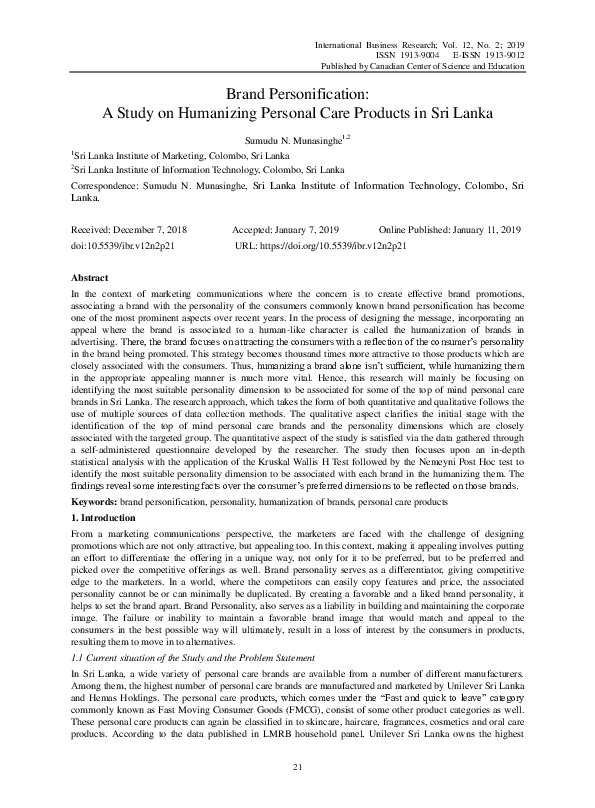 (PDF) Brand Personification: A Study on Humanizing Personal Care ...