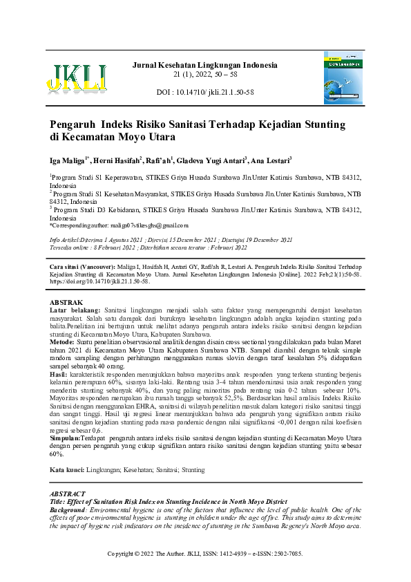 (PDF) Pengaruh Indeks Risiko Sanitasi Terhadap Kejadian Stunting di ...