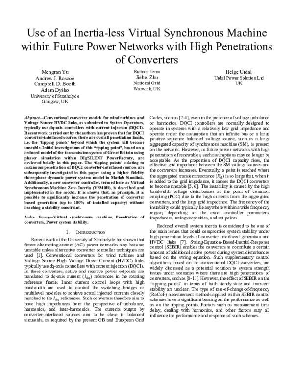 (PDF) Use of an inertia-less Virtual Synchronous Machine within future ...