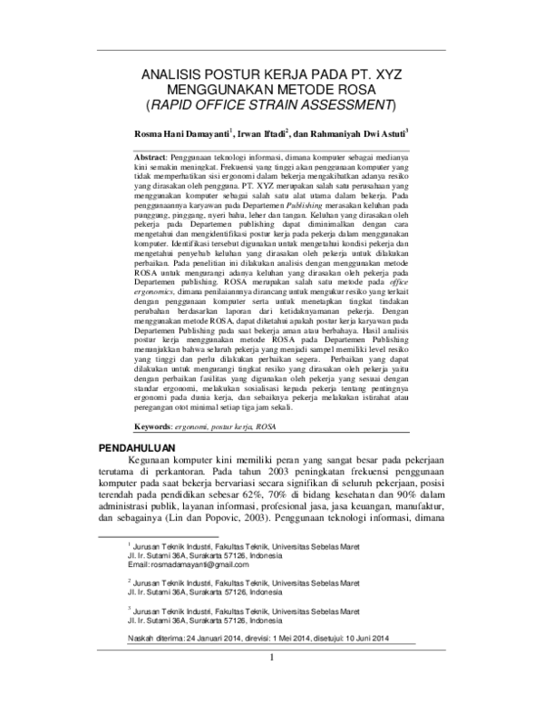 (PDF) Analisis Postur Kerja Pada Pt. Xyz Menggunakan Metode Rosa (Rapid ...