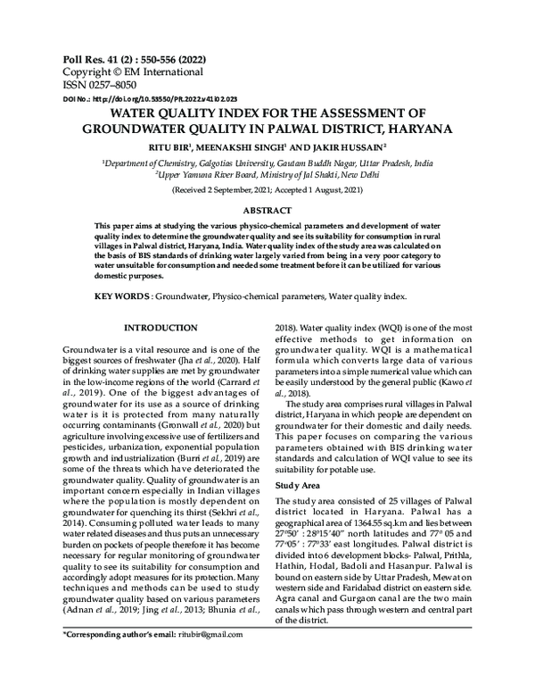 (PDF) Water Quality Index for the Assessment of Groundwater Quality in ...