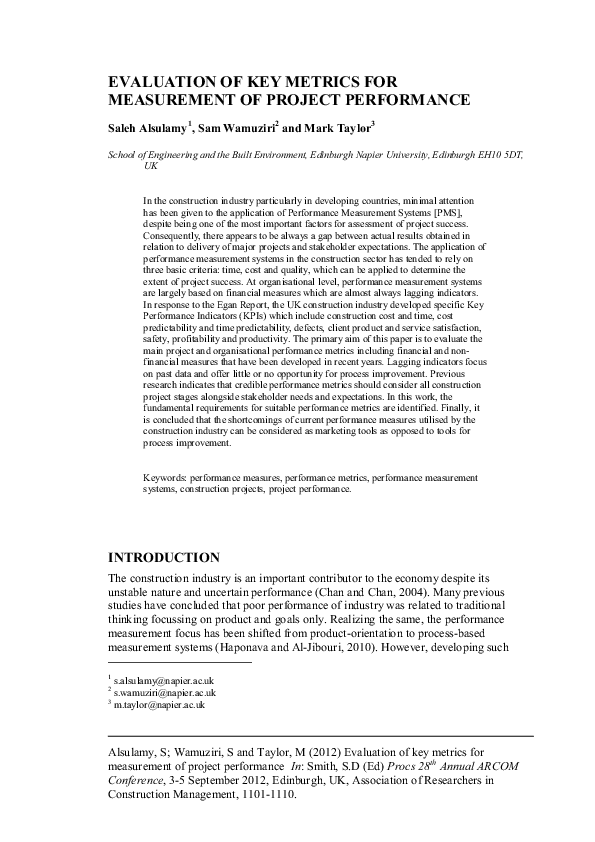 (PDF) Evaluation of Key Metrics for Measurement of Project Performance