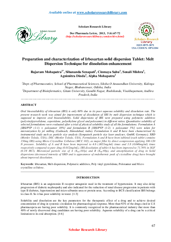 (PDF) Preparation and characterization of Irbesartan solid dispersion ...