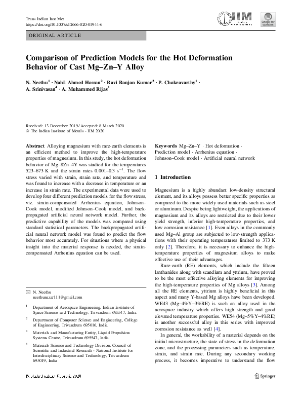 (PDF) Comparison of Prediction Models for the Hot Deformation Behavior ...