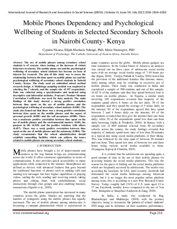 (PDF) Mobile Phones Dependency and Psychological Wellbeing of Students ...