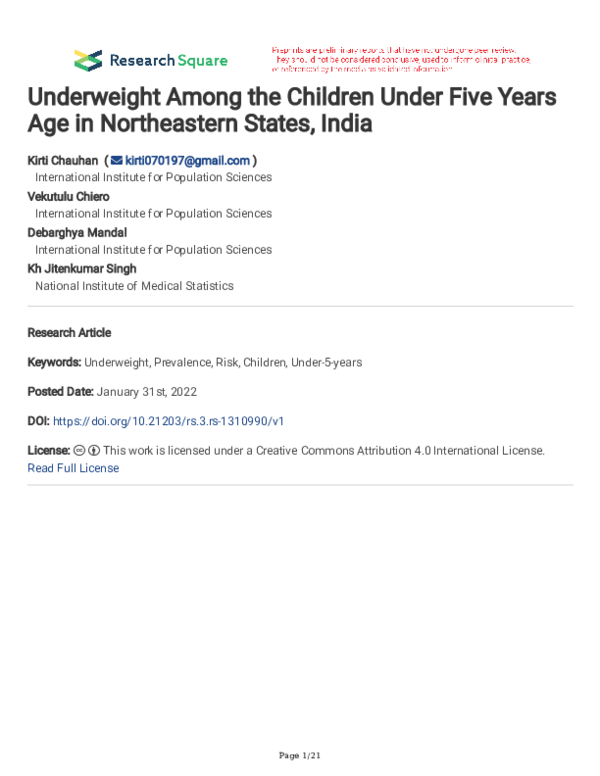 (PDF) Underweight Among the Children Under Five Years Age in ...
