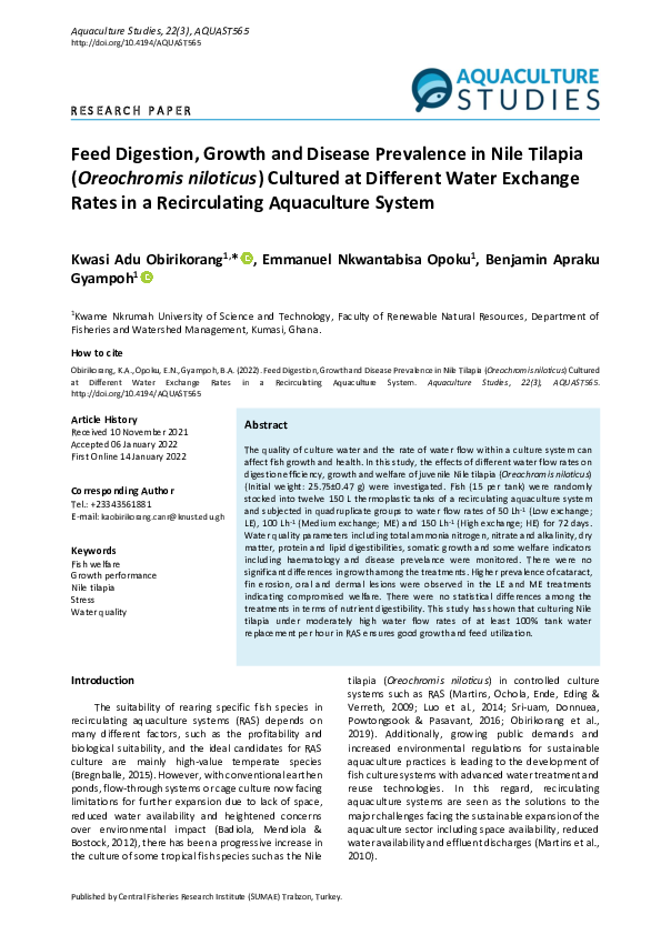 (PDF) Feed Digestion, Growth and Disease Prevalence in Nile Tilapia ...