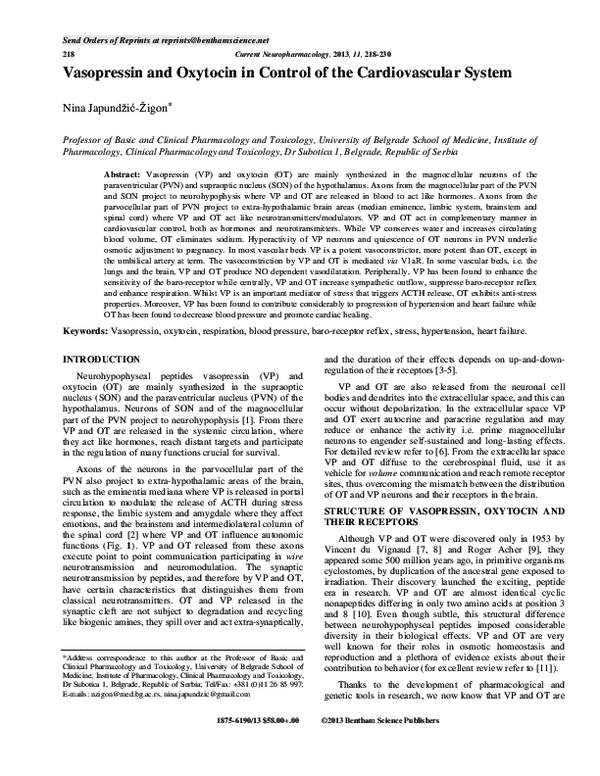 (PDF) Vasopressin and Oxytocin in Control of the Cardiovascular System