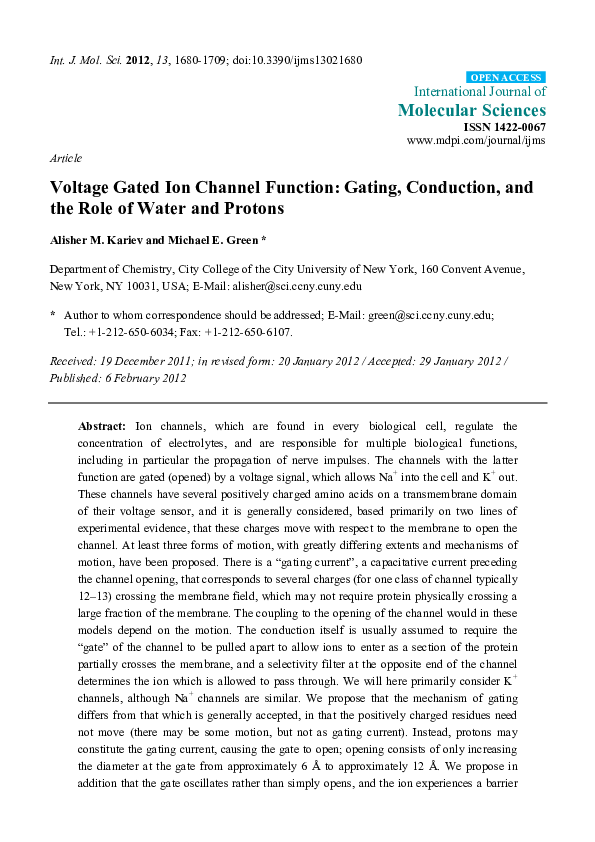 (PDF) Voltage gated ion channel function: gating, conduction, and the ...