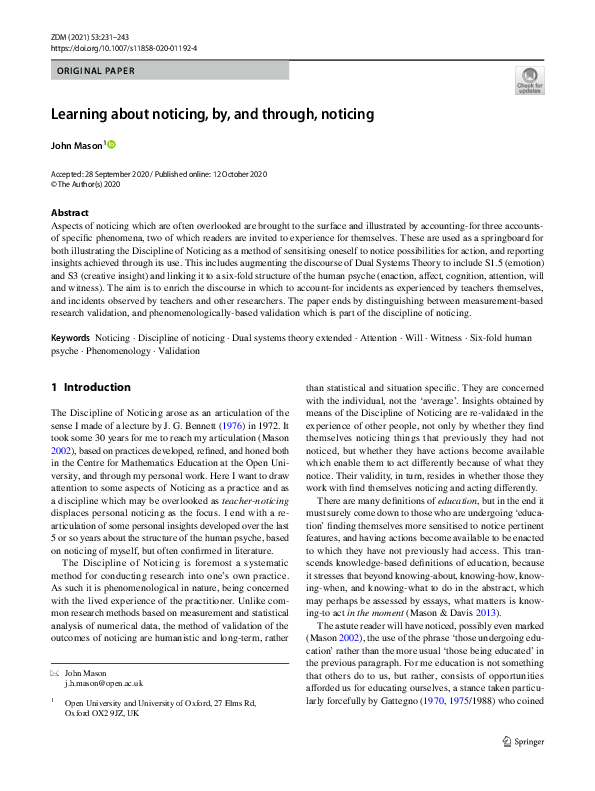 (PDF) Learning about noticing, by, and through, noticing